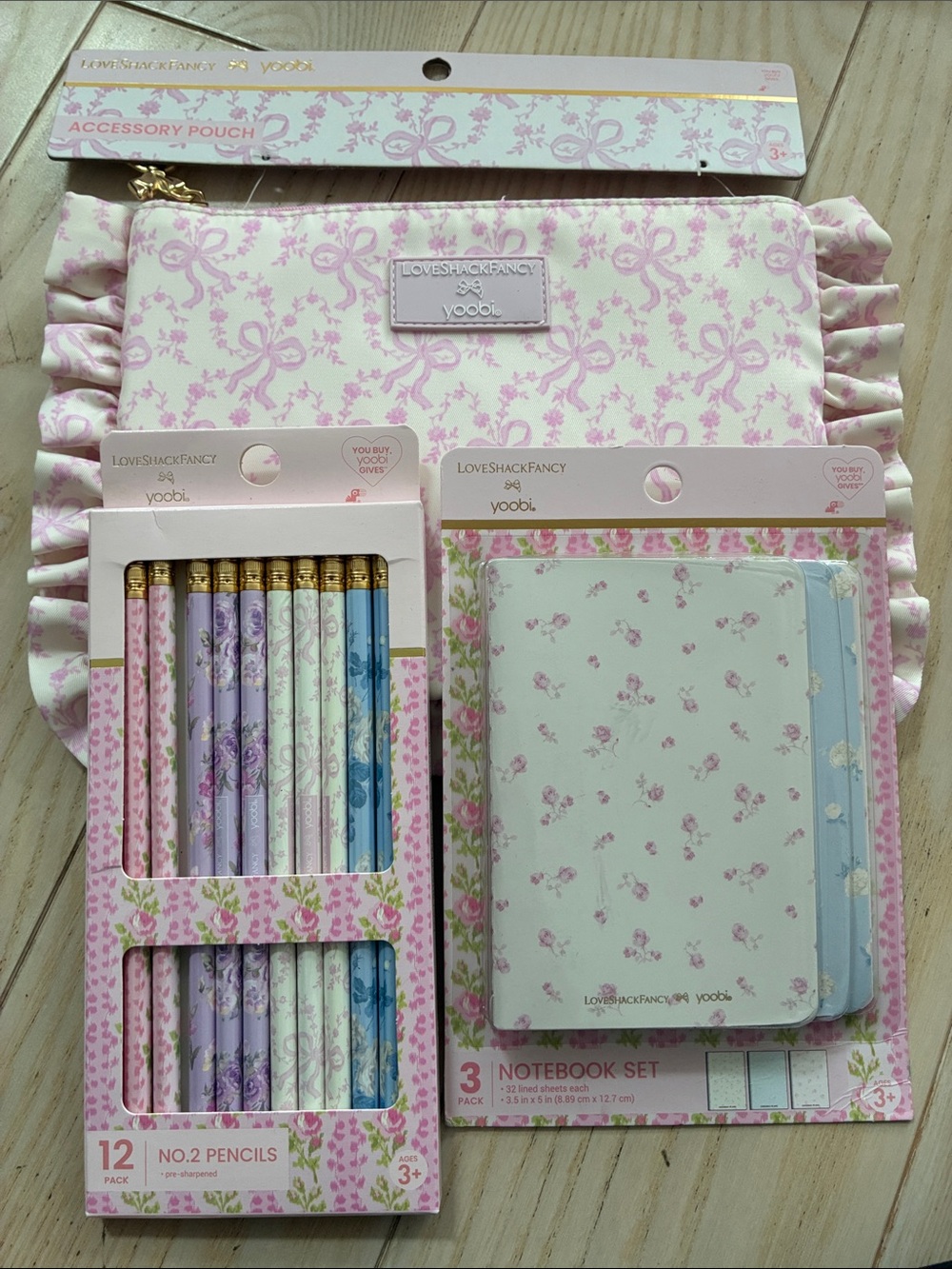 LoveShackFancy Pink Floral Accessory Pouch with Pastel Notebook & Pencil Set